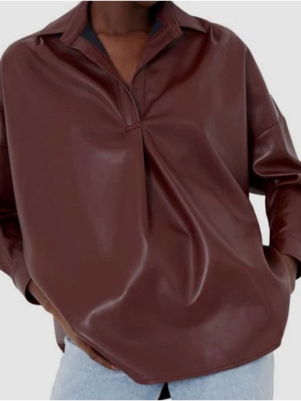 French Connection Faux Leather Long-Sleeve Polo Top in Brown